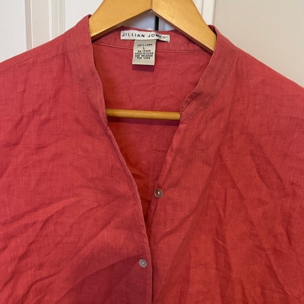 Jillian Jones Coral Colored Linen 3/4 sleeve button up top